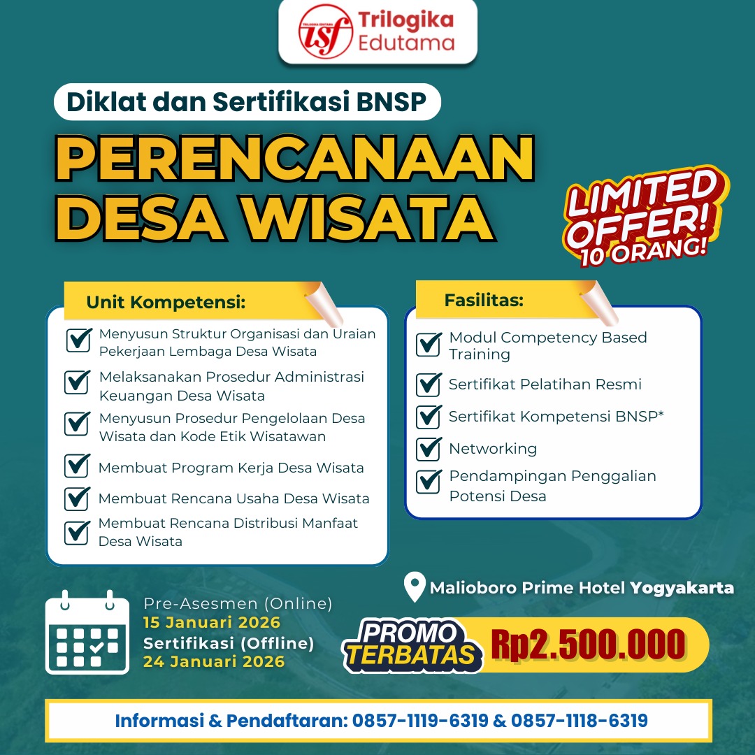 PAKET PROMO TAHUN BARU! DIKLAT DAN SERTIFIKASI BNSP PERENCANAAN DESA WISATA DI YOGYAKARTA!